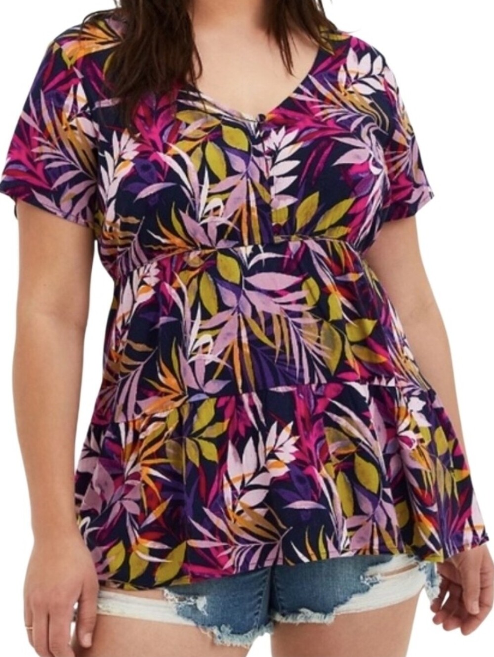 Torrid Rayon Slub Tiered Button-Front Top Short Sleeves Tropical Palm Print 3X